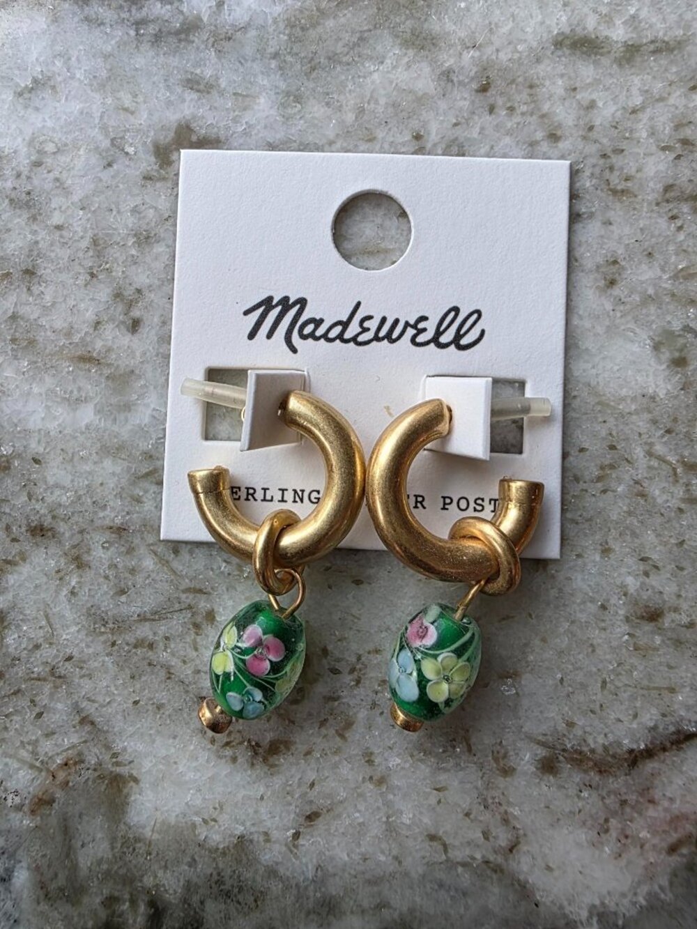 NWT Madewell Gold Hoop Earrings with Green Floral Glass Beads